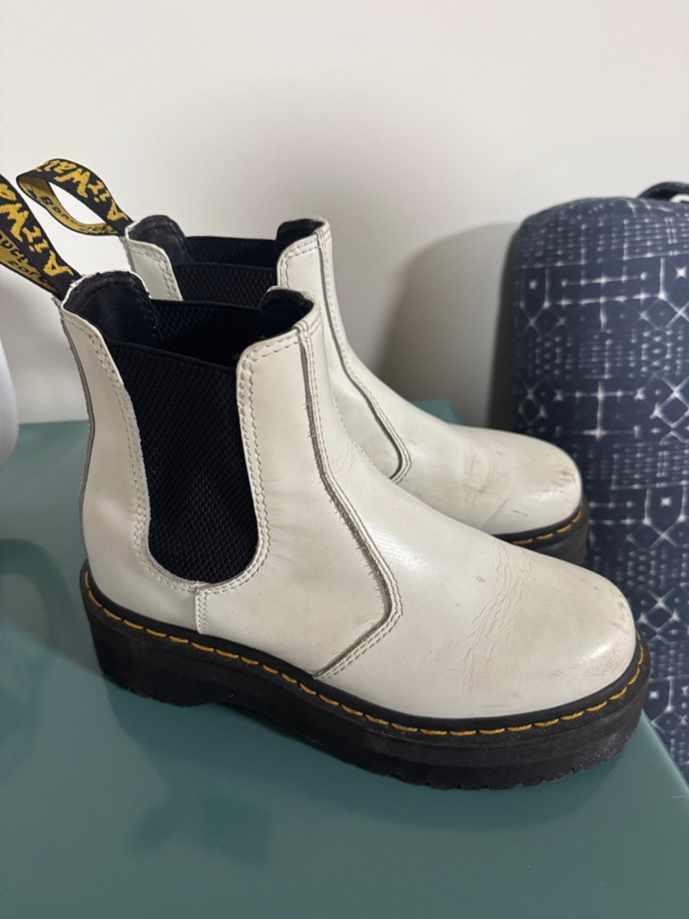 Dr. Martens White Leather Chelsea Platform Boots with Black Elastic